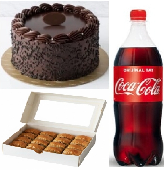 2-3 Kişilik Çikolatalı Yaş Pasta (1 Adet), 1 kg Cevizli Baklava (1 Adet), 1 Litre Kola (1 Adet) Siirt pasta