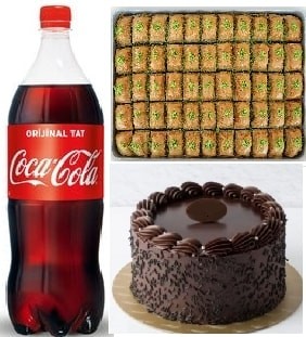 Lezzet Üçlüsü Çikolatalı Pasta 1 kg Fıstıklı Baklava ve 1L Cola Siirt pasta